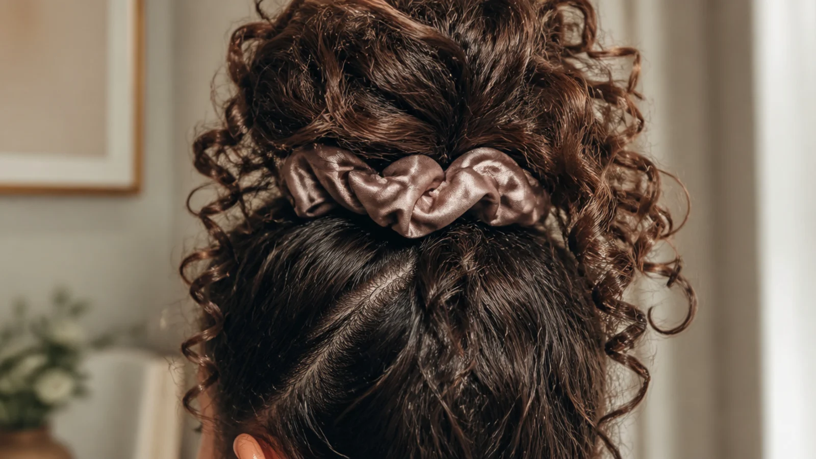 Curls gathered loosely on top of the head with a soft tie