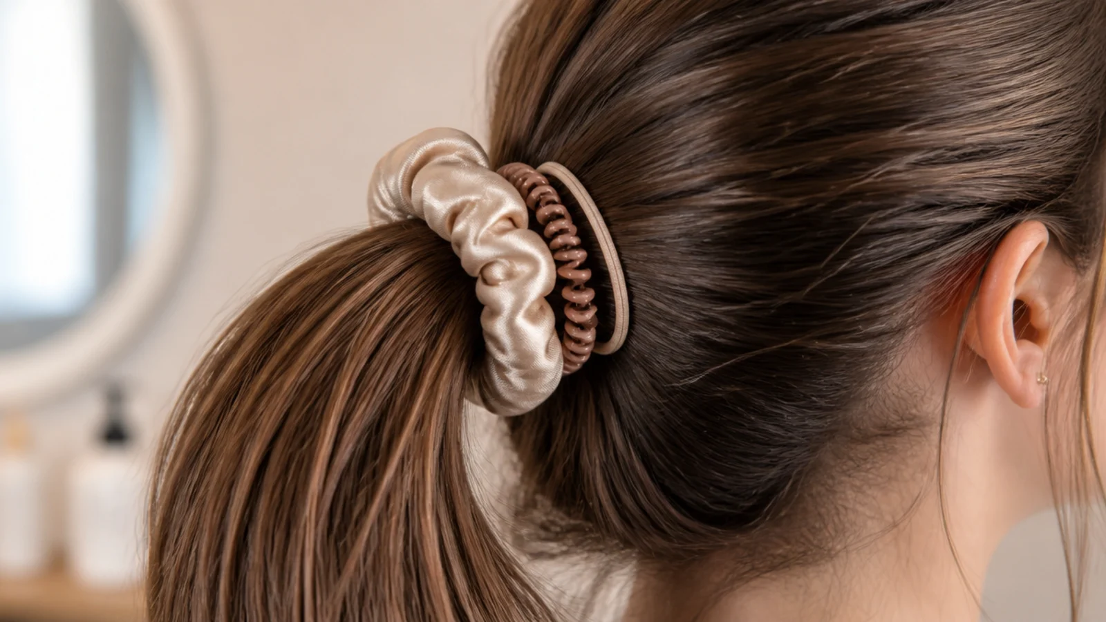 Silk scrunchies laid beside a gathered ponytail