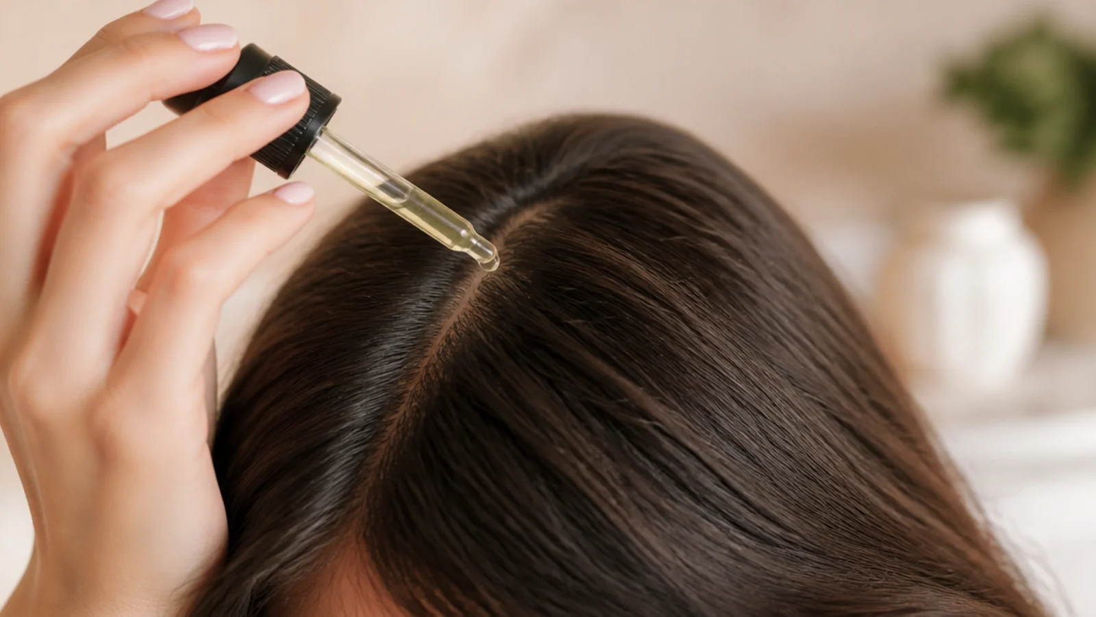 A dropper of rosemary oil held above a parted scalp