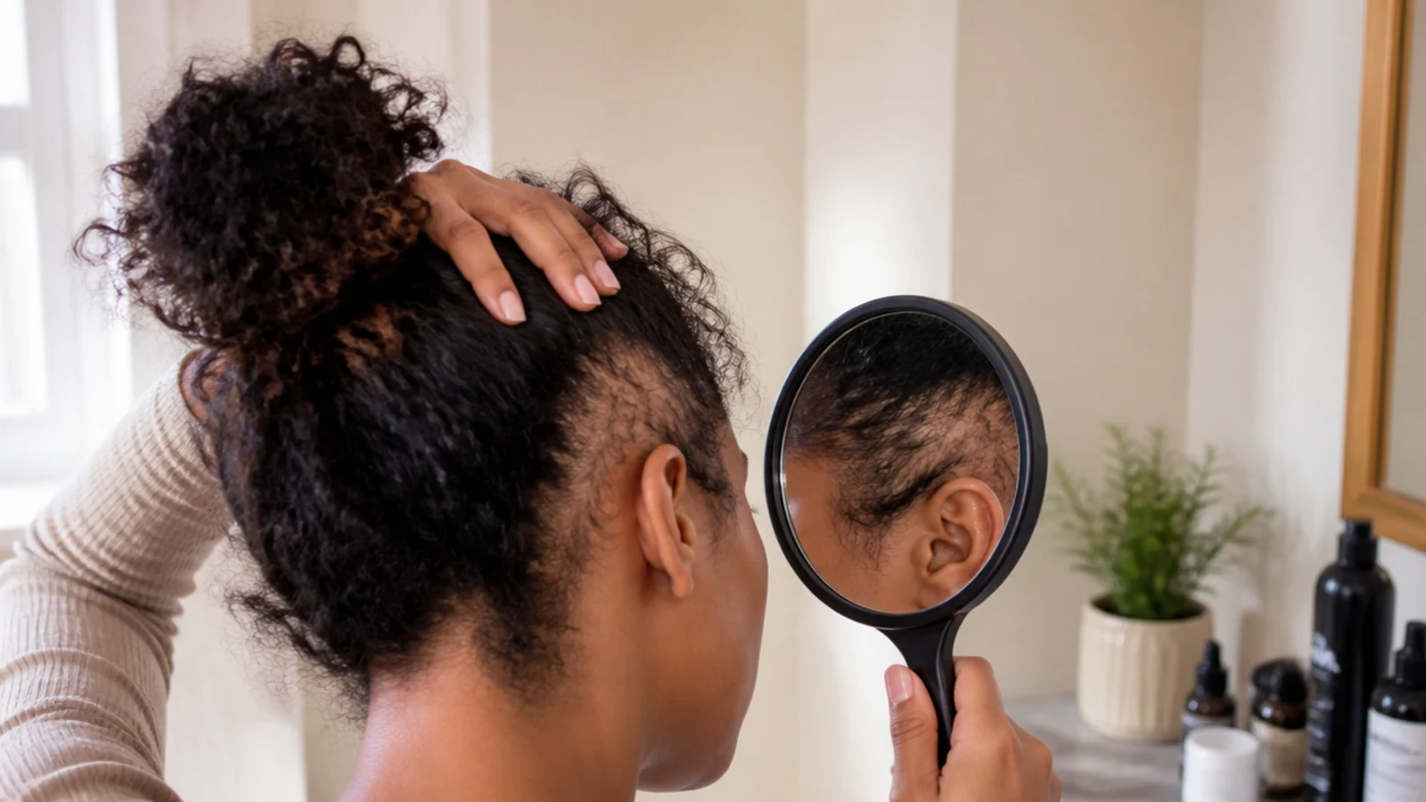A parted hairline photographed close up in even light