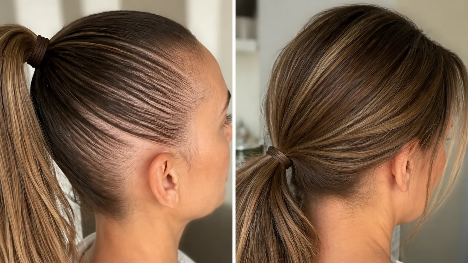 A high ponytail pulled taut with visible tension at the front