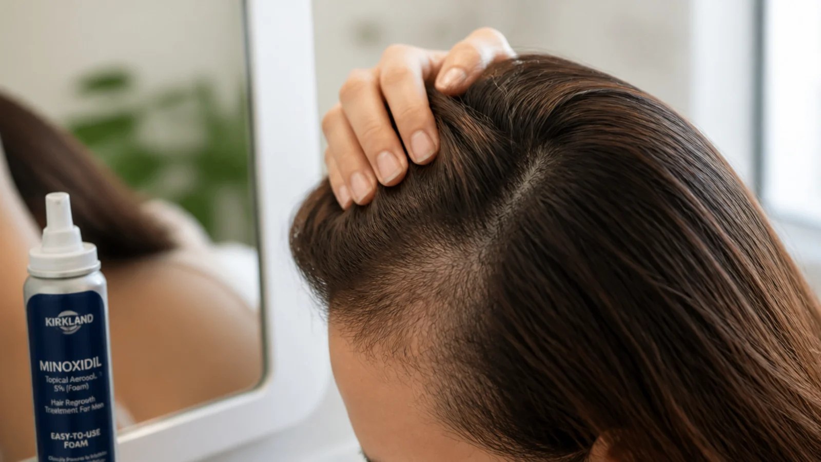 A can of foam dispensed onto fingertips beside a parted scalp