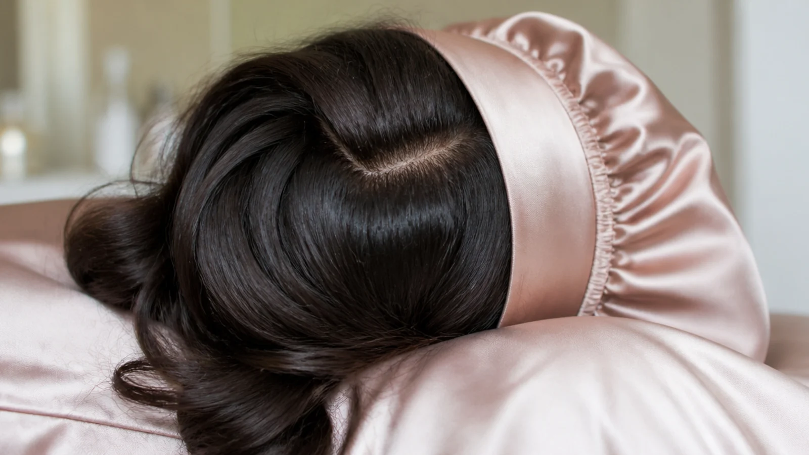 A satin bonnet with a wide soft band sitting above the hairline