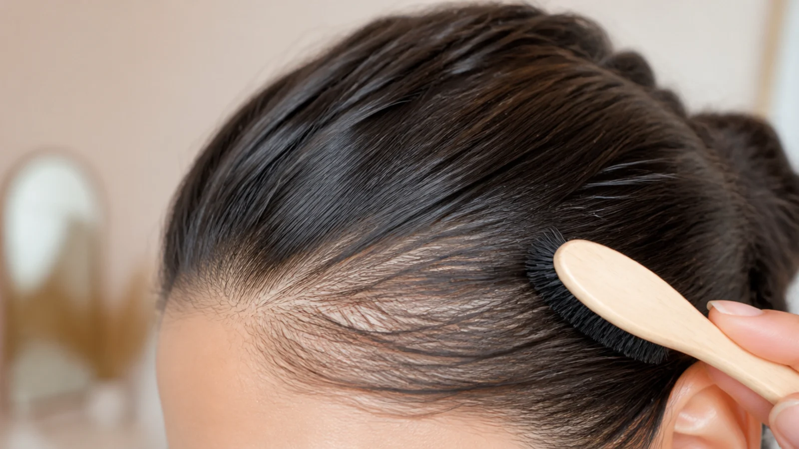 A soft bristled baby brush resting against damp front hair