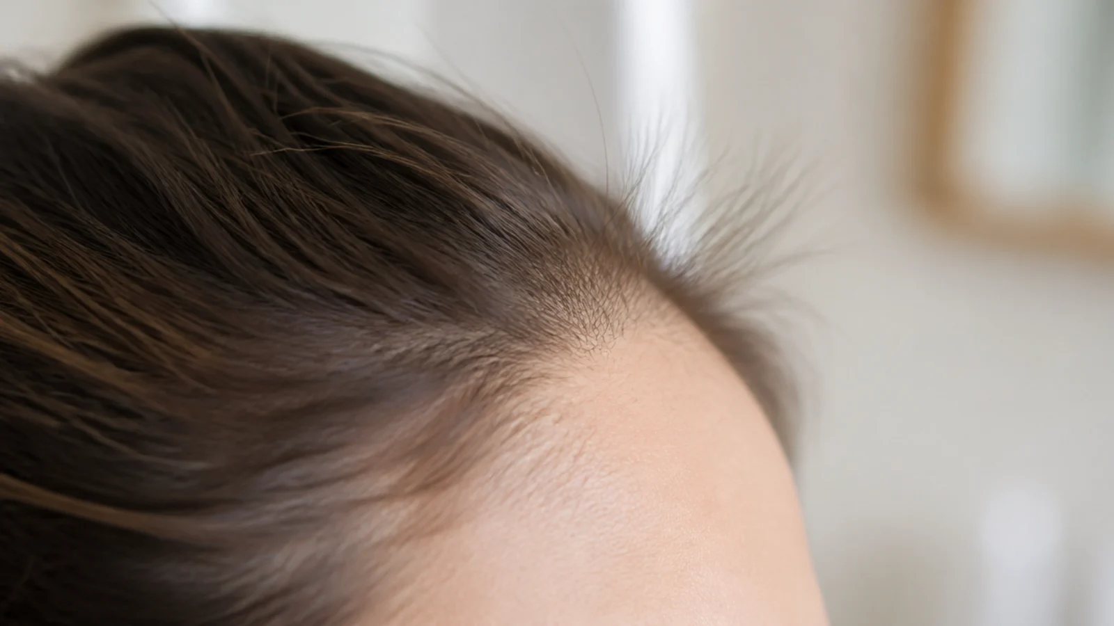 A halo of short regrowth standing up along a hairline