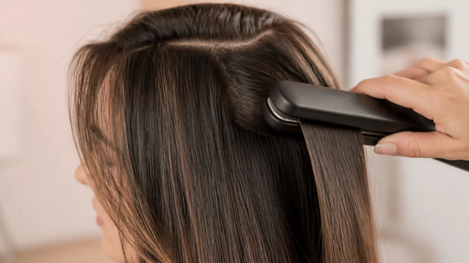 A flat iron set down beside hair clipped away from the front section