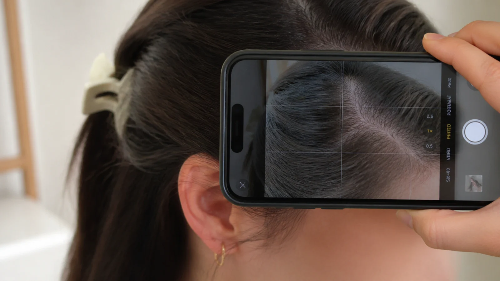 A phone held up to photograph a hairline against a plain wall