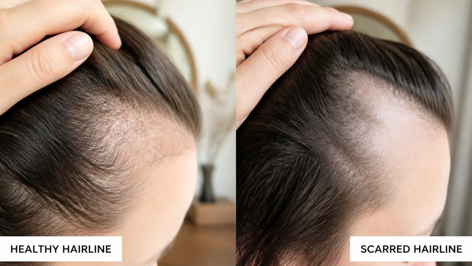 Short new growth emerging in a band along a recovering hairline