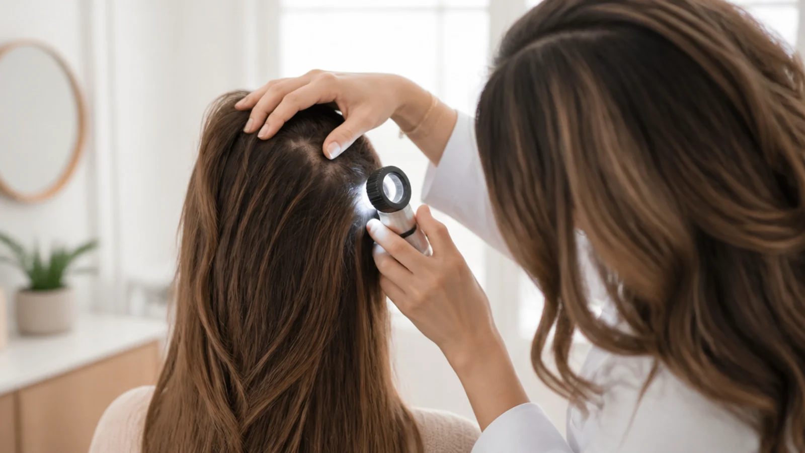 A clinician examining a scalp under a bright lamp with a magnifier