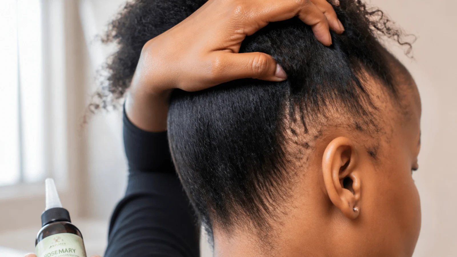 A parted hairline showing small raised bumps and sparse edges