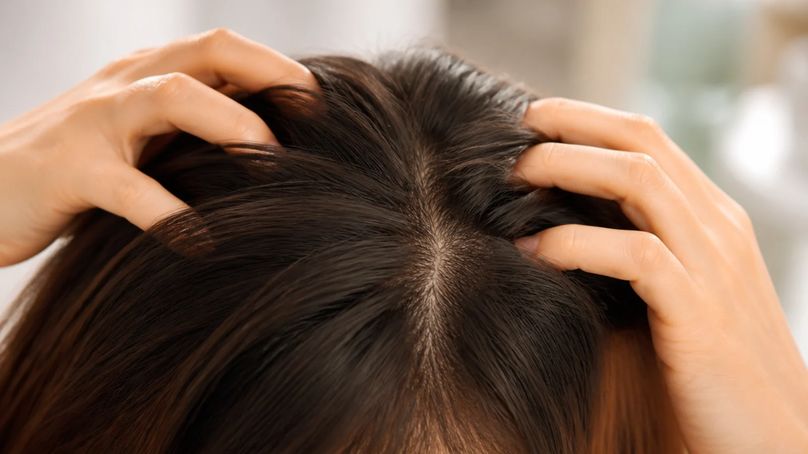 Fingertips working in circles across a parted scalp