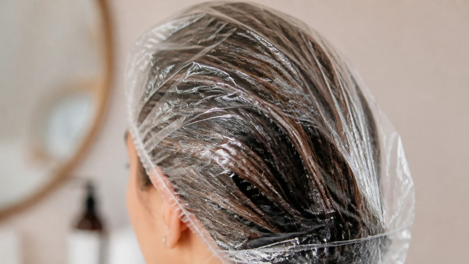 A processing cap over hair loaded with a thick mask