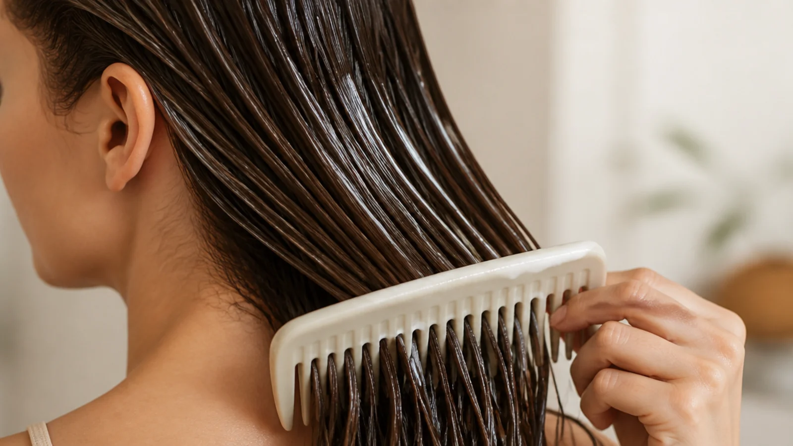 A wide tooth comb resting mid length in damp hair