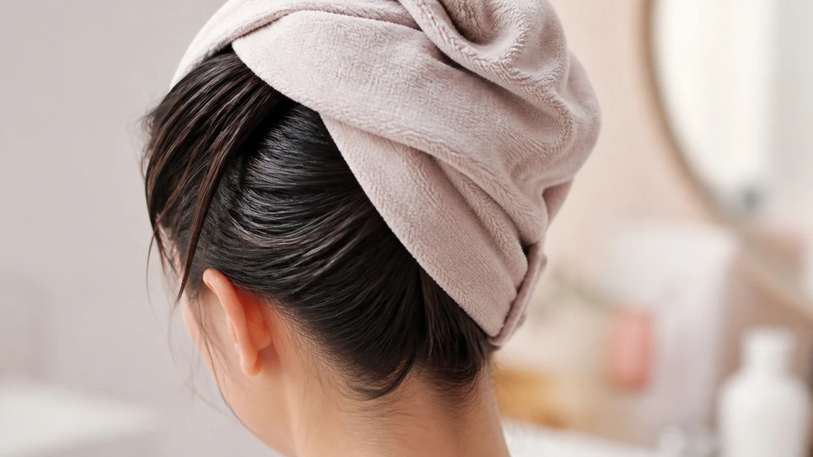 A microfibre turban twisted up over wet hair