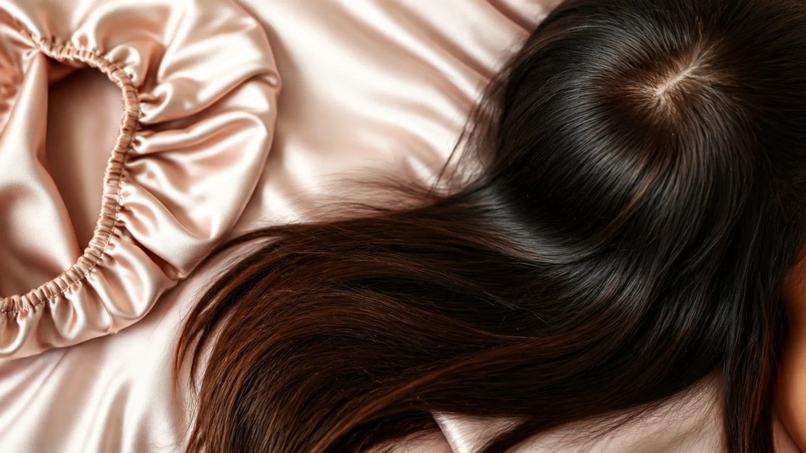 Hair spread across a satin pillowcase beside a folded bonnet