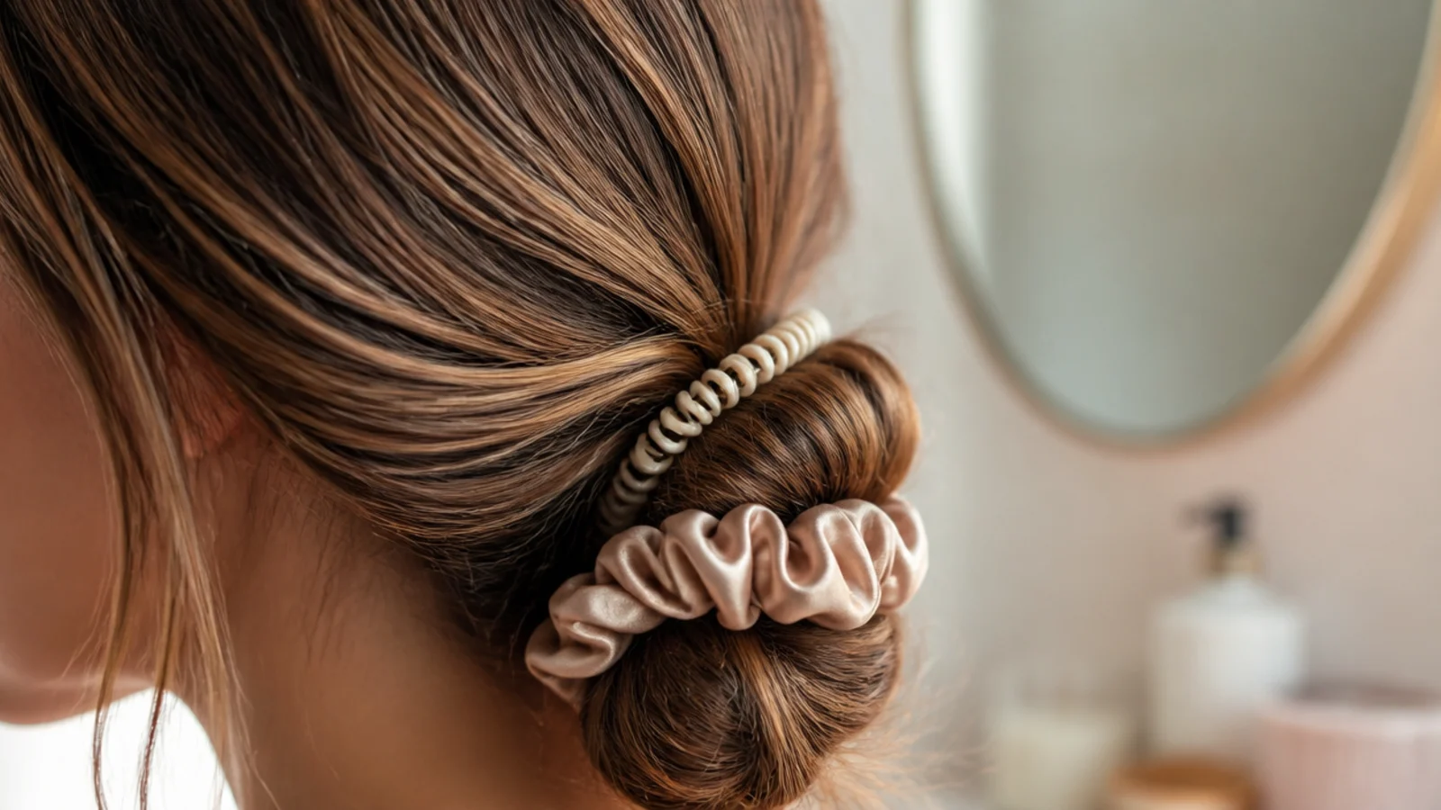 Coiled hair ties beside a loosely gathered ponytail