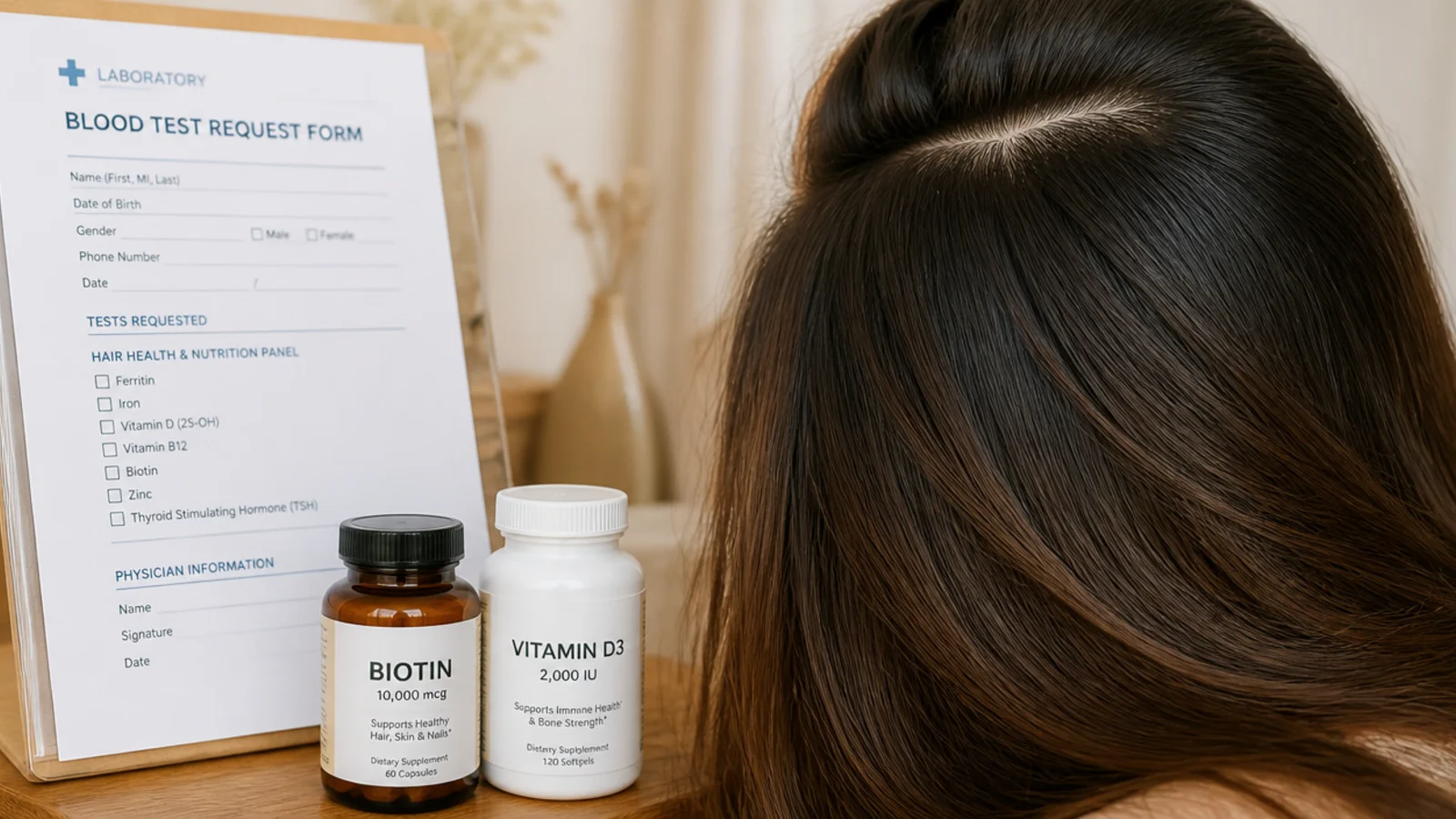 A blood test request form beside a row of supplement bottles
