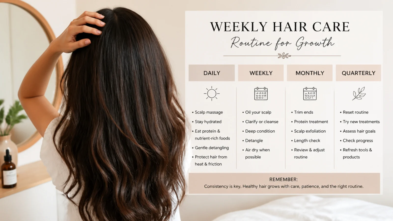 A weekly hair routine written out beside shampoo and conditioner bottles