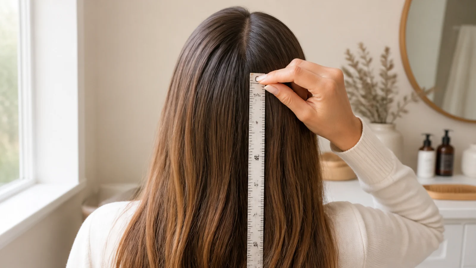 A ruler held against a section of hair to measure new growth