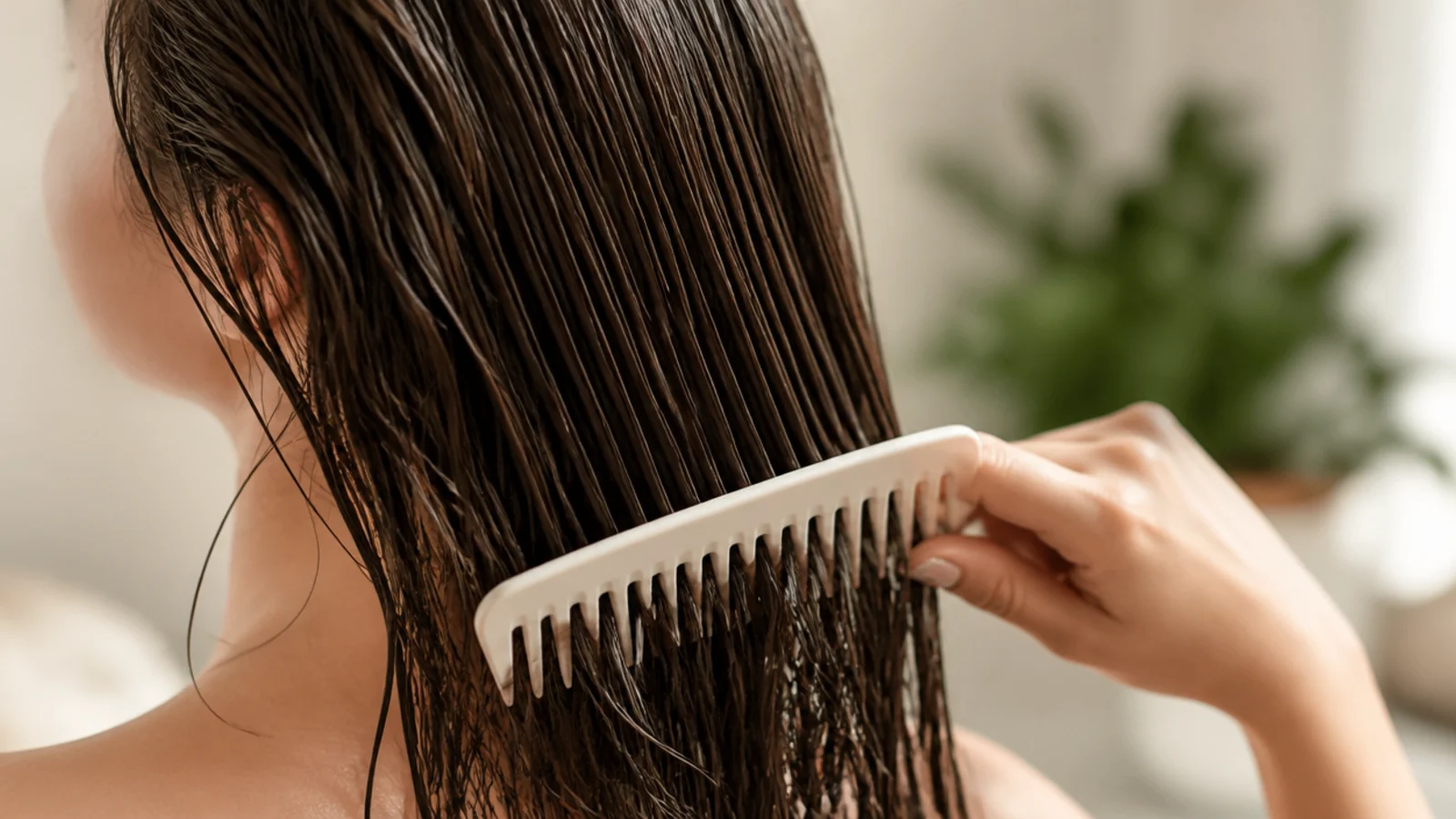 A comb working through the last few inches of damp hair