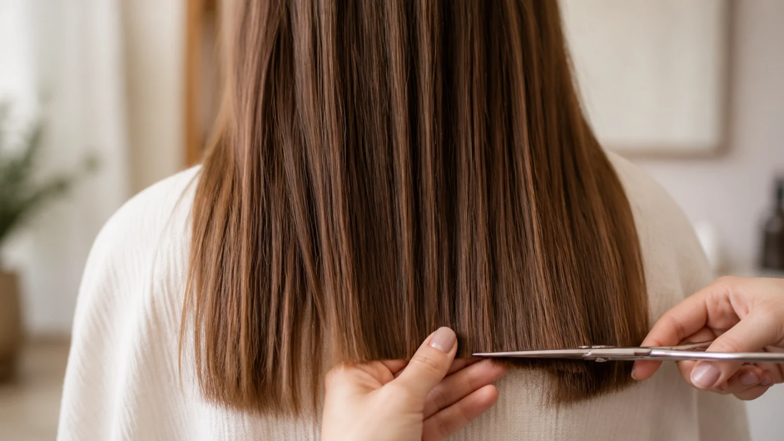 Scissors trimming a small amount from the ends of a section