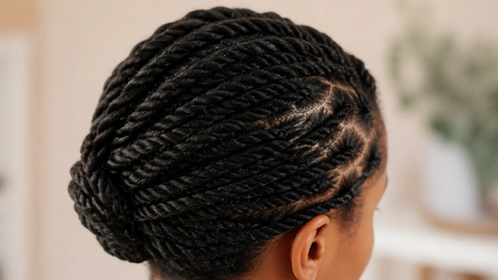Neat braids gathered loosely at the nape