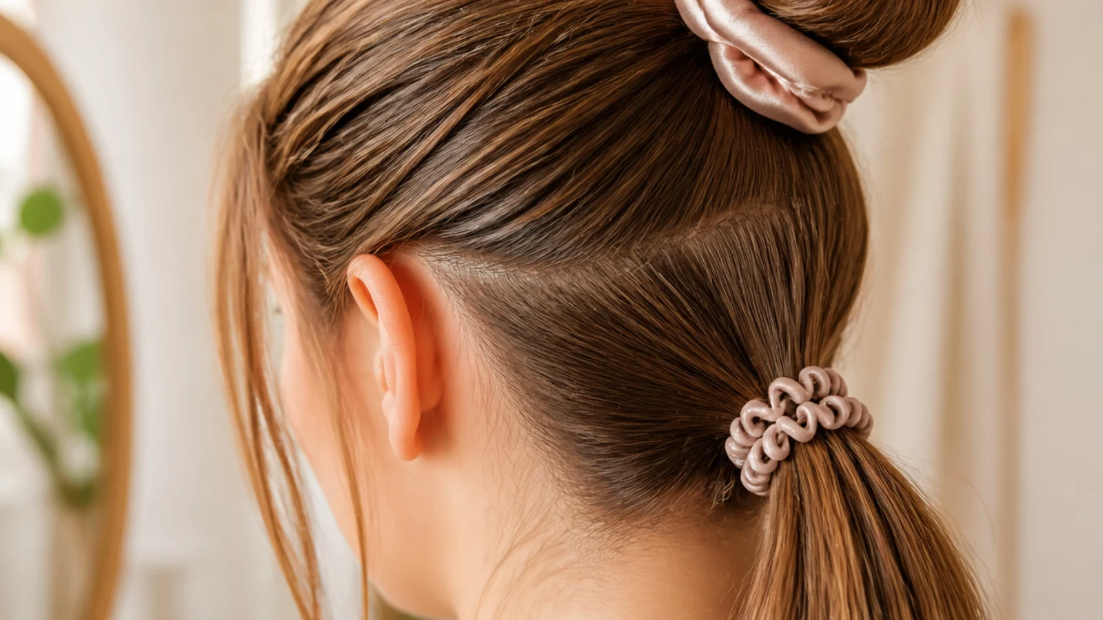Silk scrunchies beside a thin elastic band on a dresser