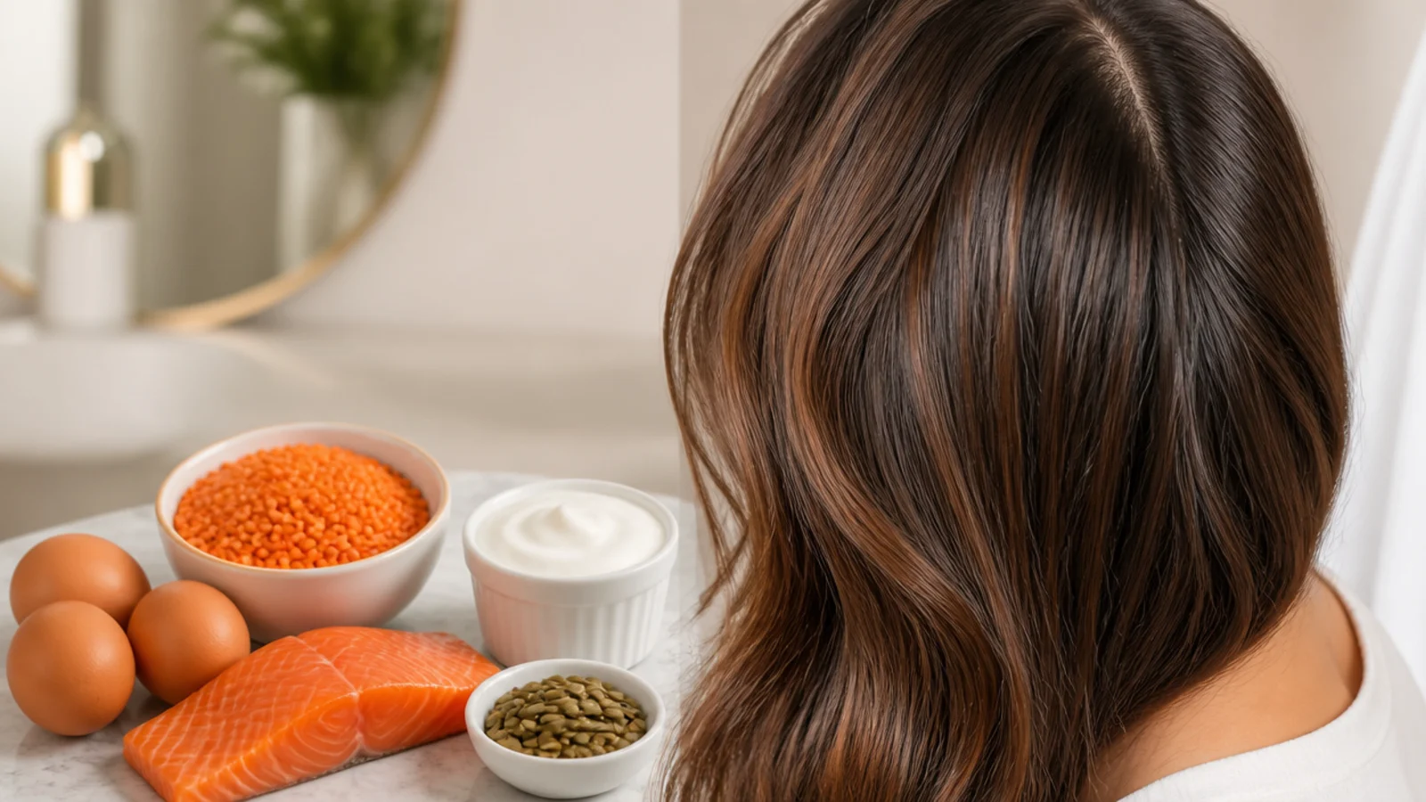 Eggs, fish and pulses arranged on a kitchen counter