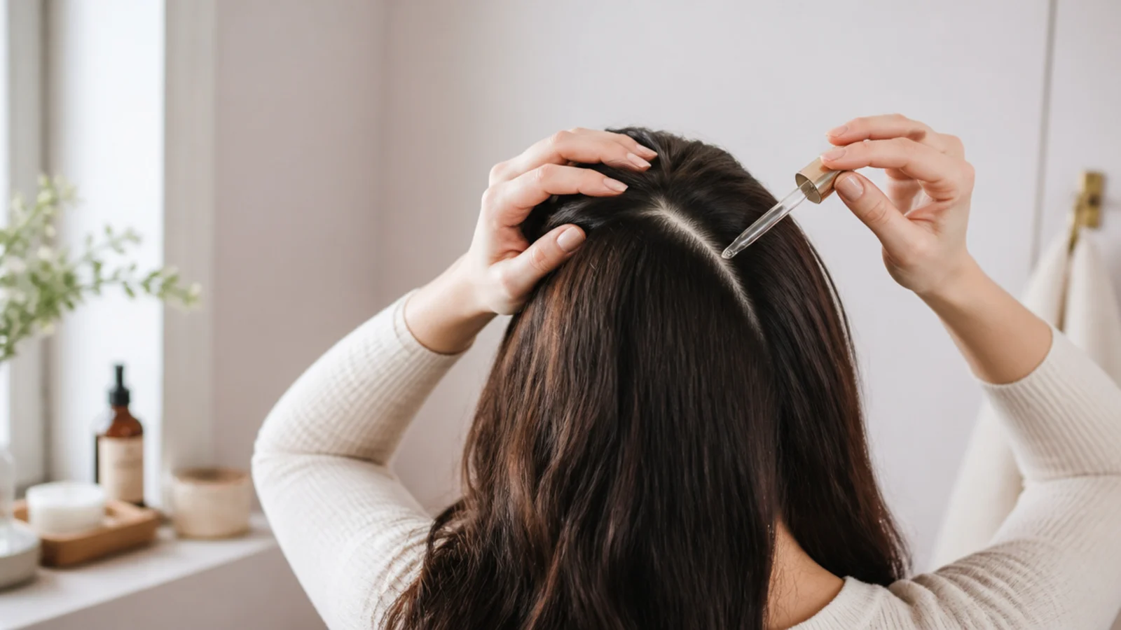 A parted scalp being examined with fingertips in bright light