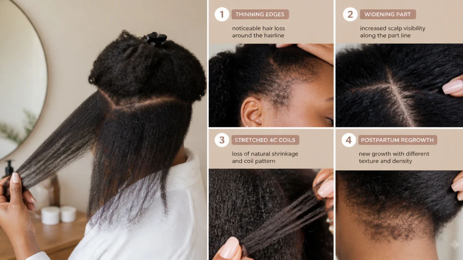 Sections of hair showing frizz, split ends and colour damage side by side