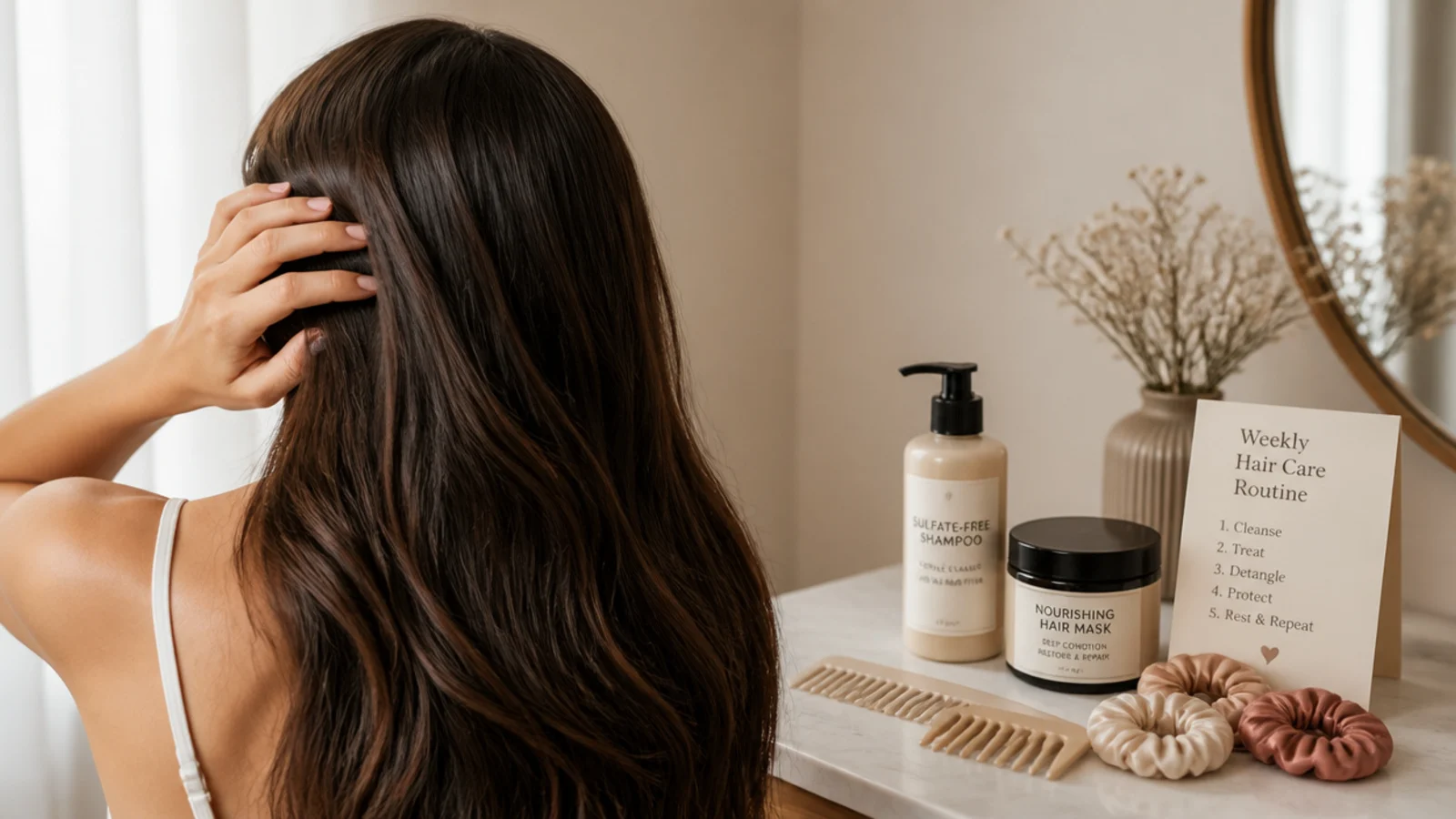 A week of hair products laid out in order on a shelf