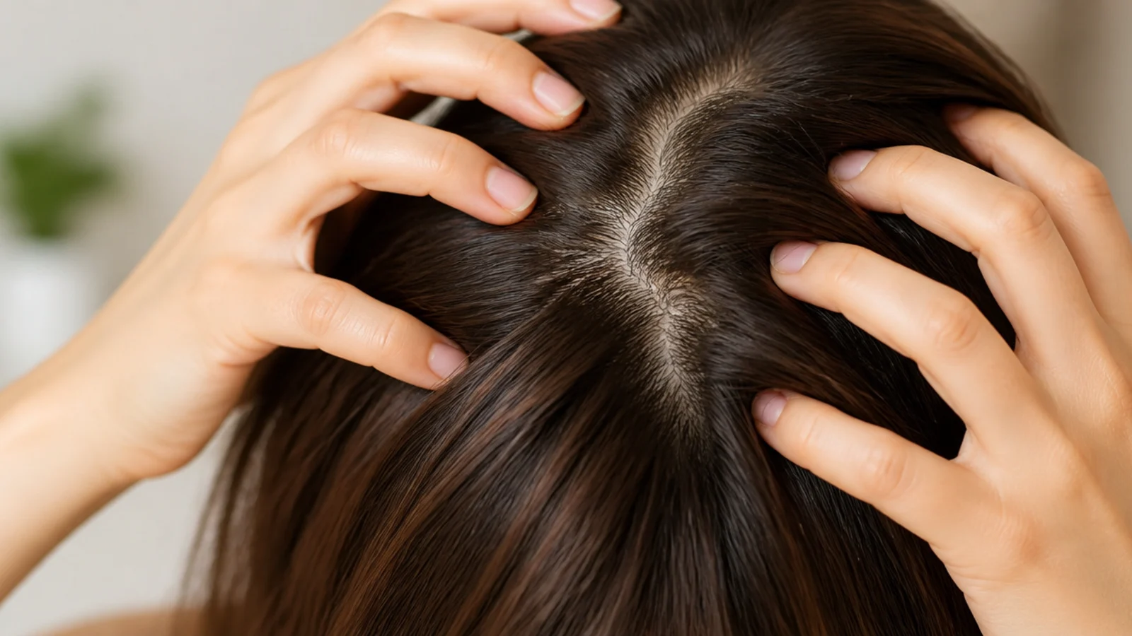 Hands massaging the scalp under lamplight before bed