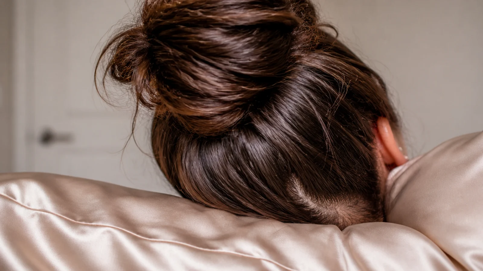 A satin bonnet resting on a made bed beside a satin pillowcase