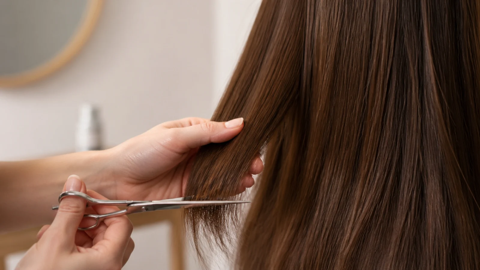 Scissors trimming split tips from a twisted section of hair