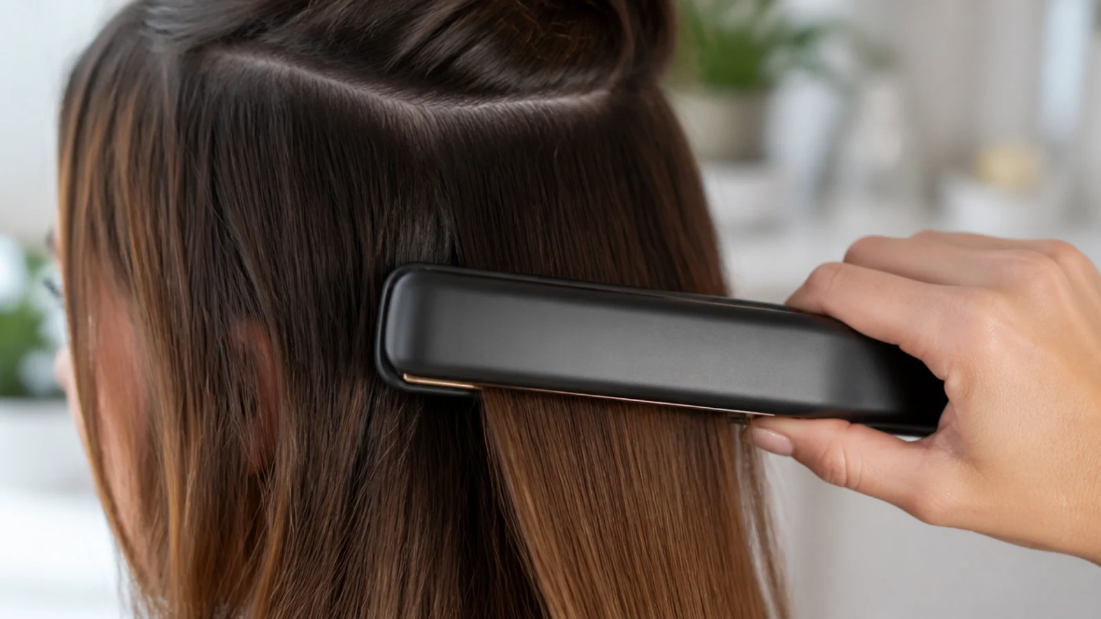A smooth blow dried finish photographed beside an unplugged styler