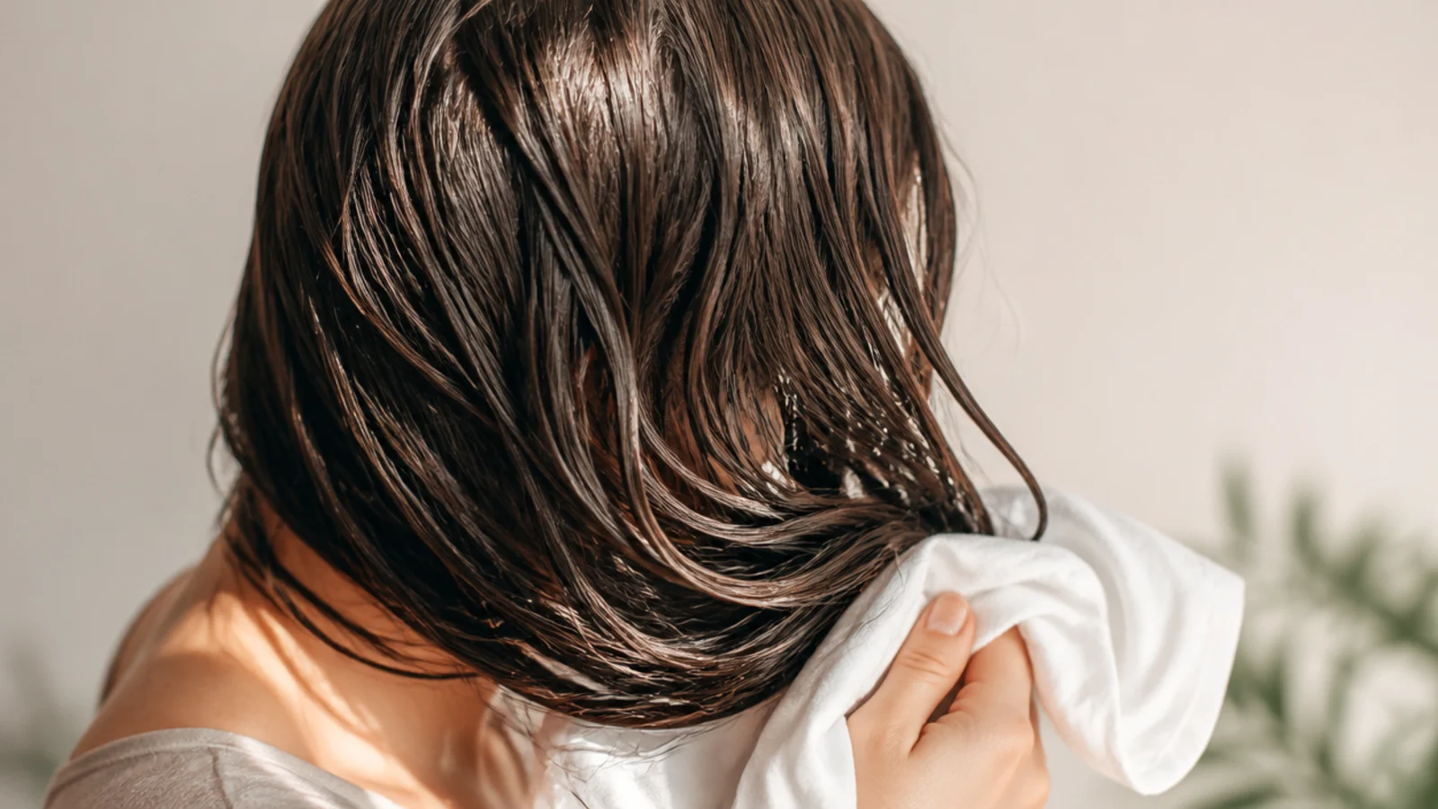 Damp hair wrapped and squeezed inside a soft cotton shirt