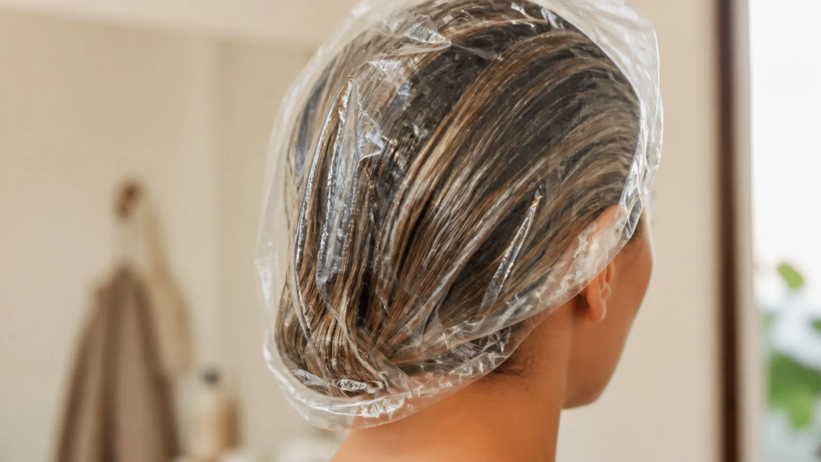 A shower cap over a head of conditioner coated hair