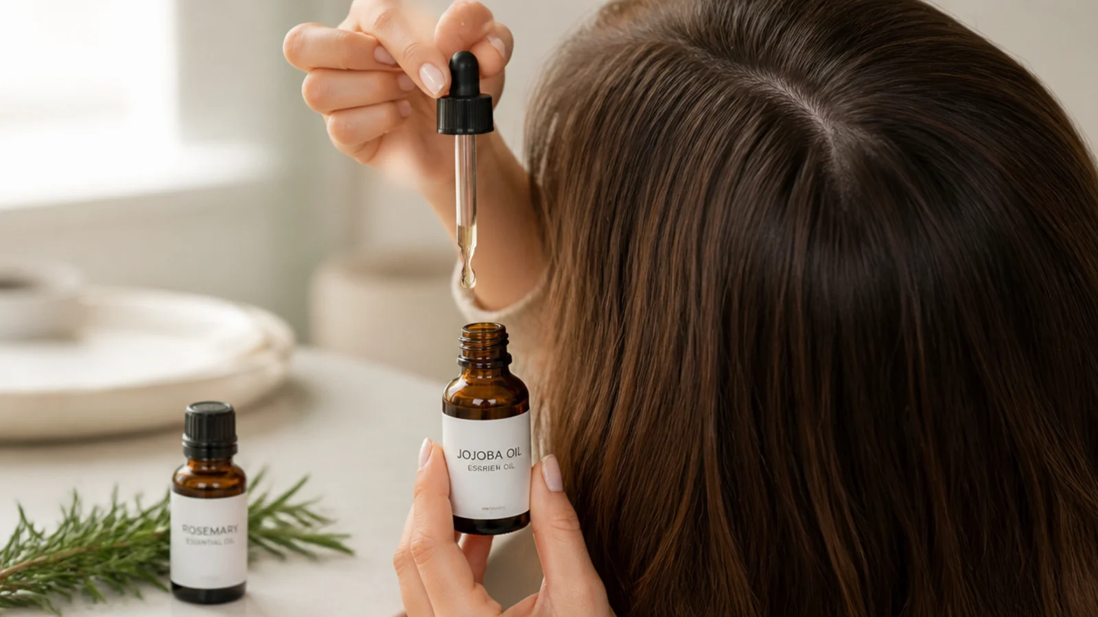 Rosemary oil being measured into a carrier oil in a small glass bottle
