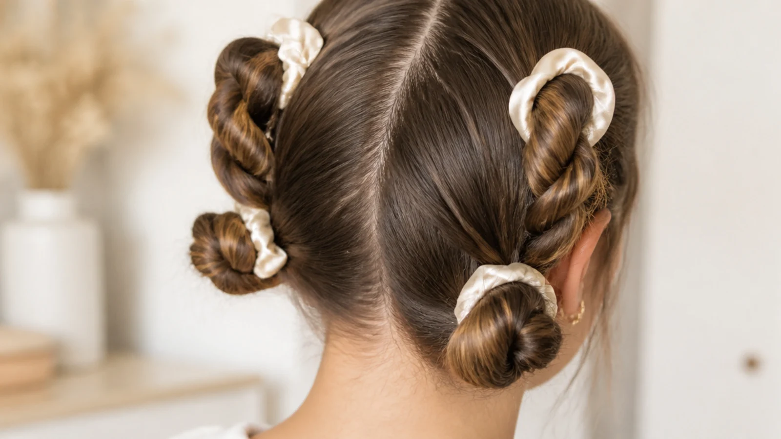 Hair divided into four soft twists tied for the night