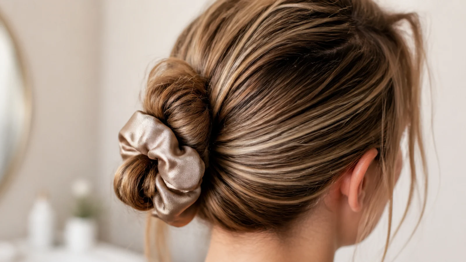 A loose bun held with a wide satin scrunchie