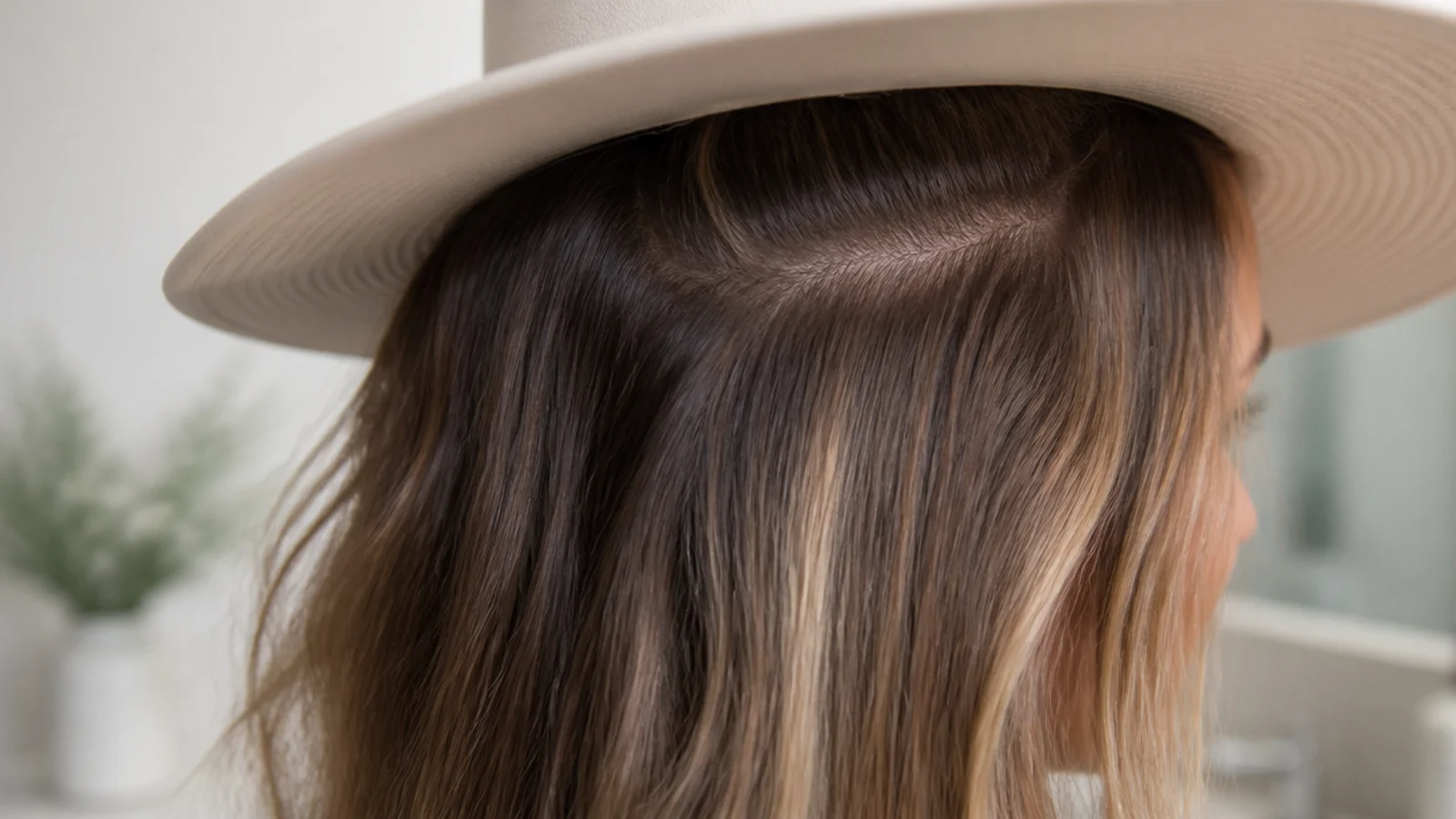 A wide brimmed hat shading a centre parting in bright sun
