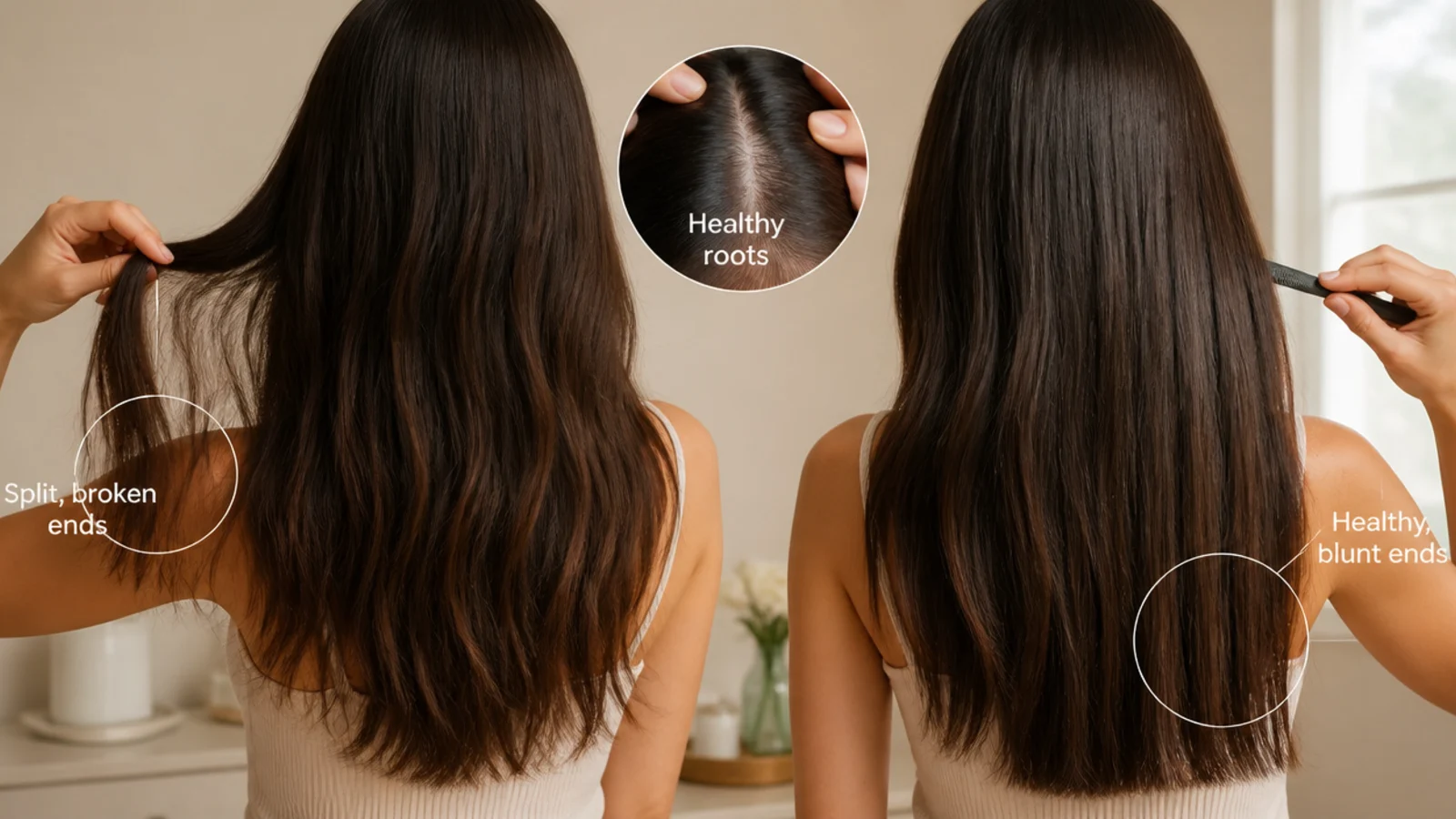 Frayed mid length strands held beside smooth ones for comparison