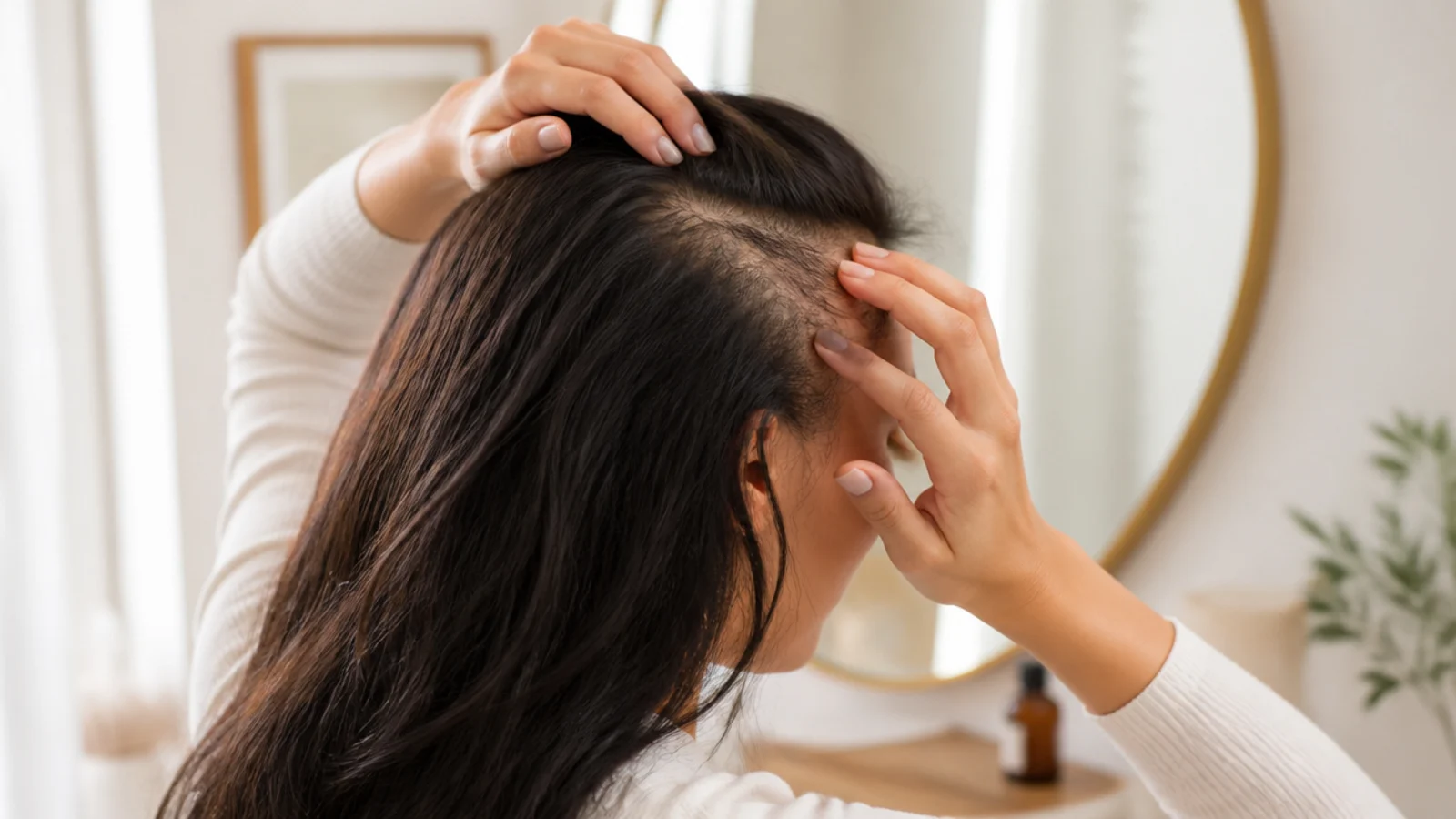 Short regrowth standing up along a thinning hairline