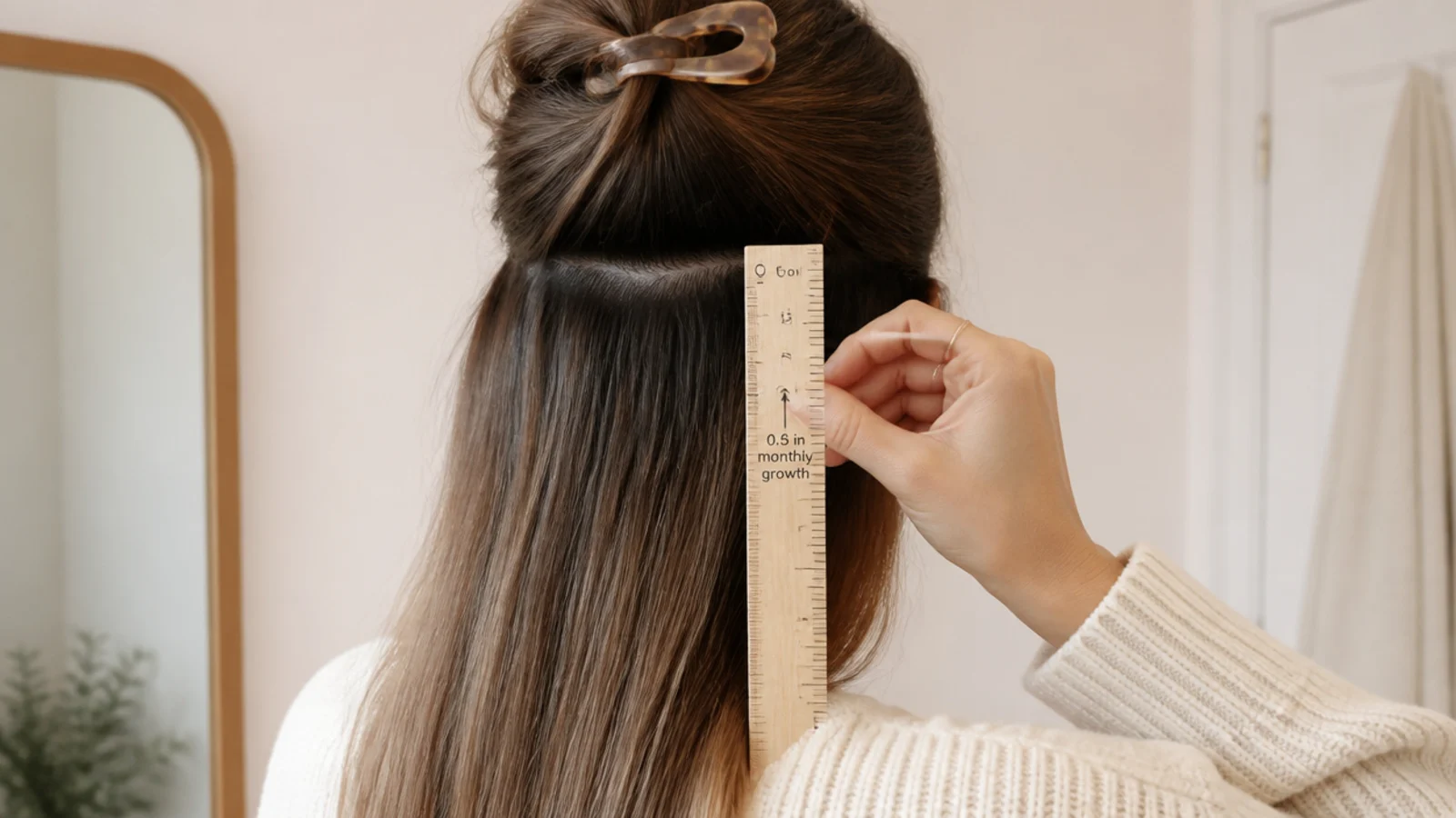 A tape measure held against a lifted section of hair