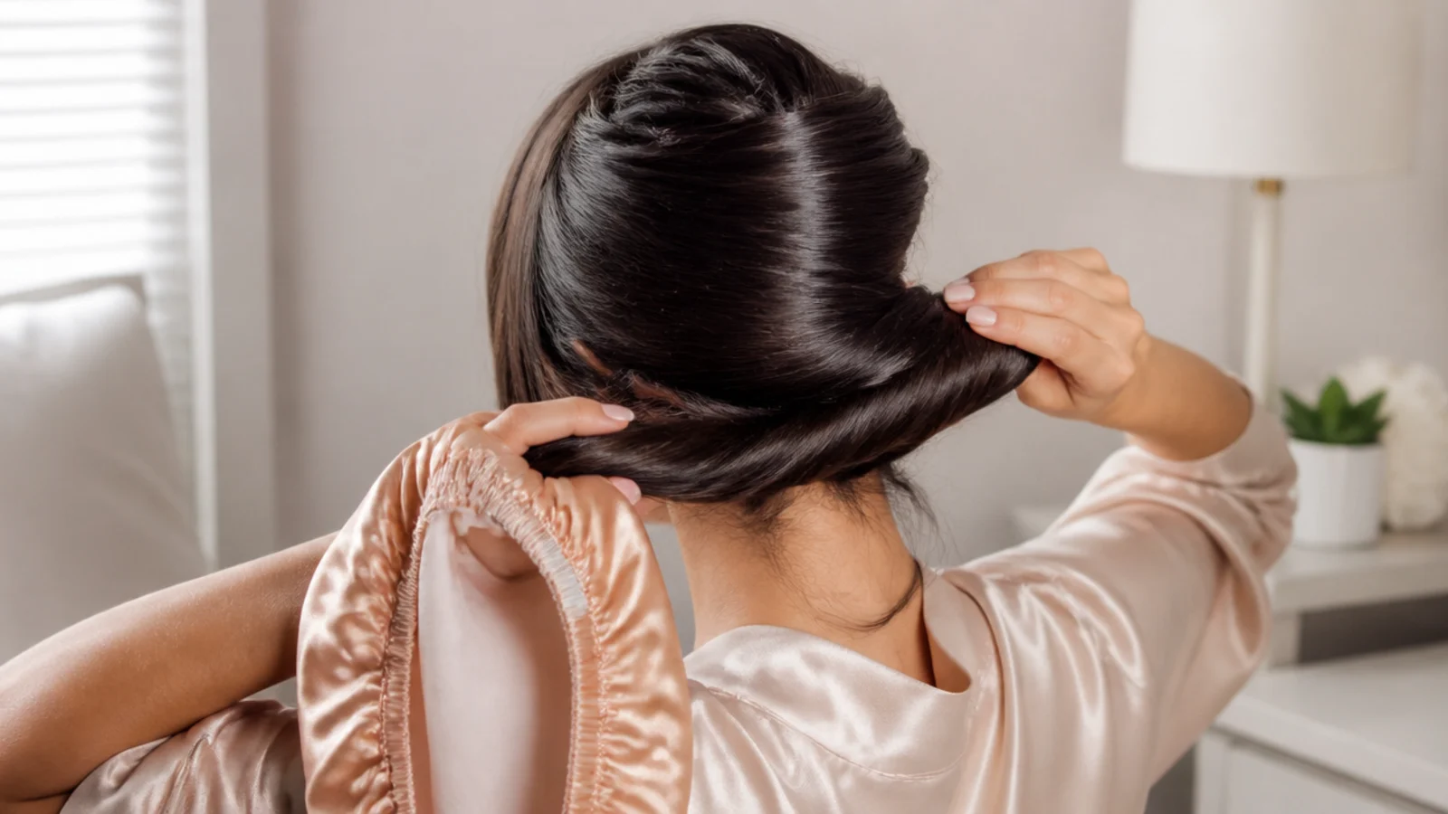 A satin pillowcase being smoothed onto a pillow at night