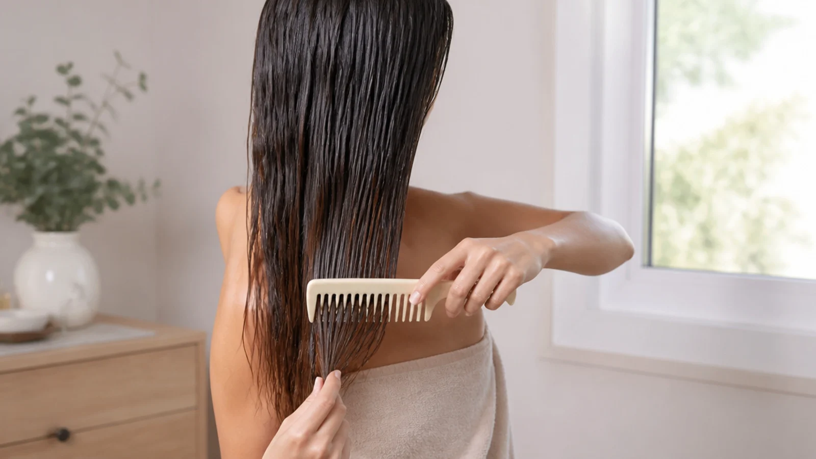 Hair held in one hand while a comb works upward through a section