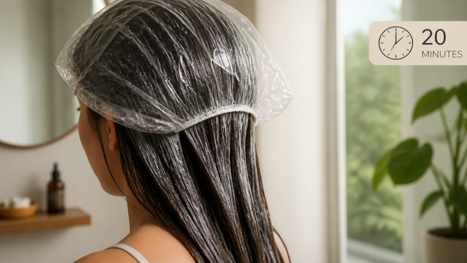 A mask being combed through the lower half of wet hair