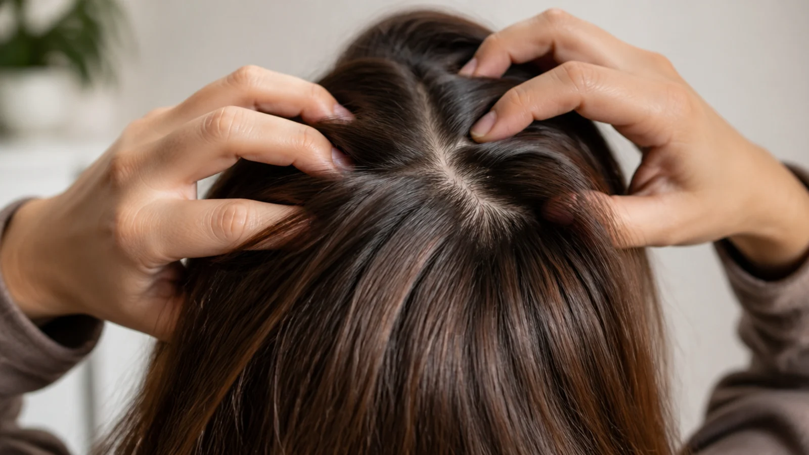 Two hands massaging the crown with hair parted between the fingers