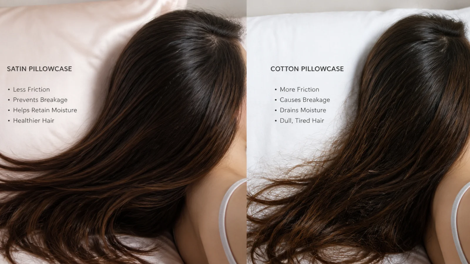 Hair spread across a smooth satin pillowcase