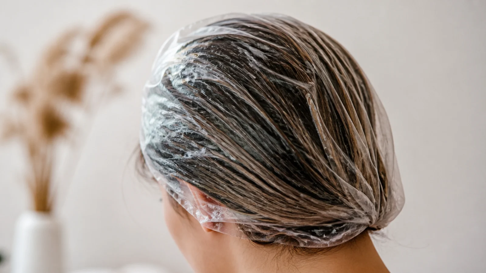 Conditioner being smoothed through the lower half of damp hair